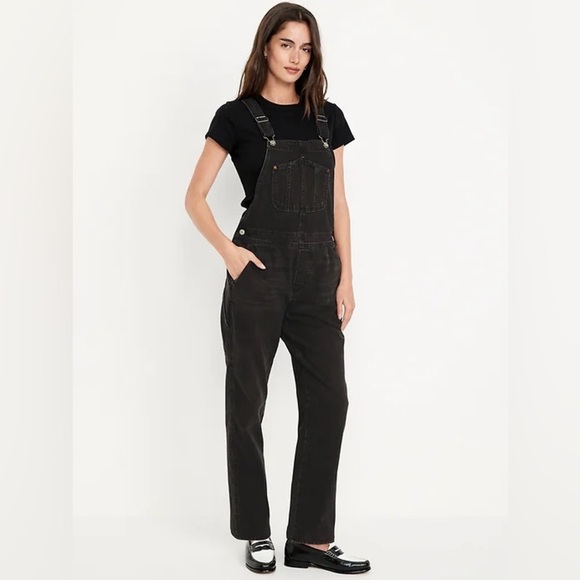 Old Navy Black Slouchy Straight Ankle Jean Overalls Size 14 Petite - Picture 1 of 15